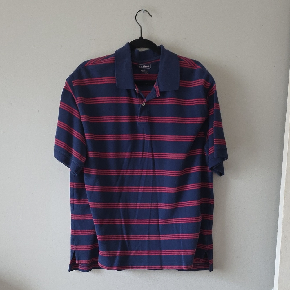 L.L. Bean Navy and Red Striped Short Sleeve 100% Cotton Polo Shirt Size XL